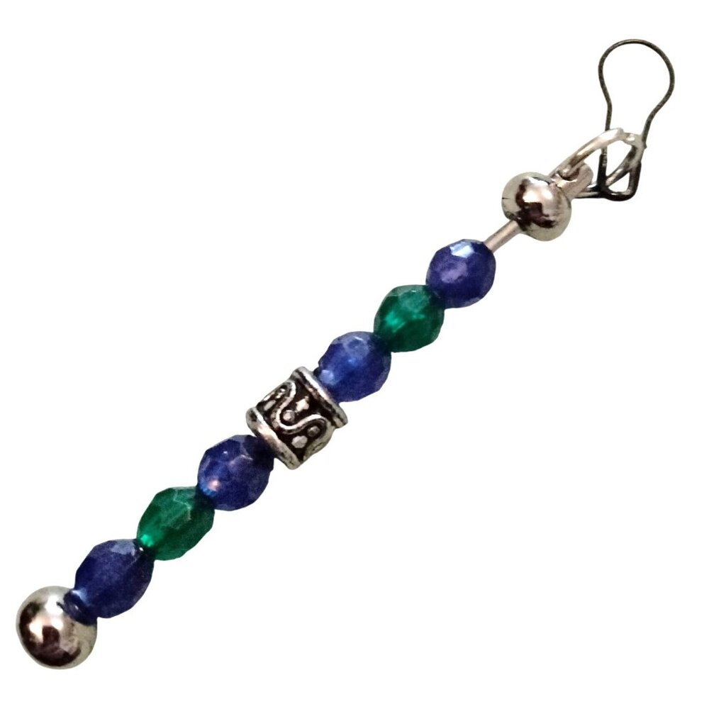 Beaded Bag Charm Zipper Pull Key Fob Blue Green Silver Beads Metal Clip